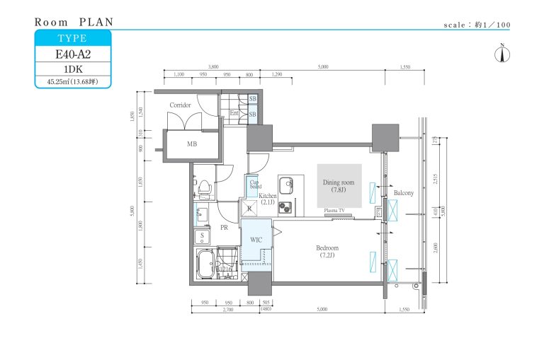 ロイヤルパークスタワー南千住　間取り図　1DK　E40-A2タイプ