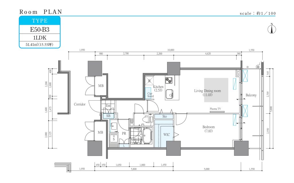 ロイヤルパークスタワー南千住　間取り図　1LDK　E50-B3タイプ